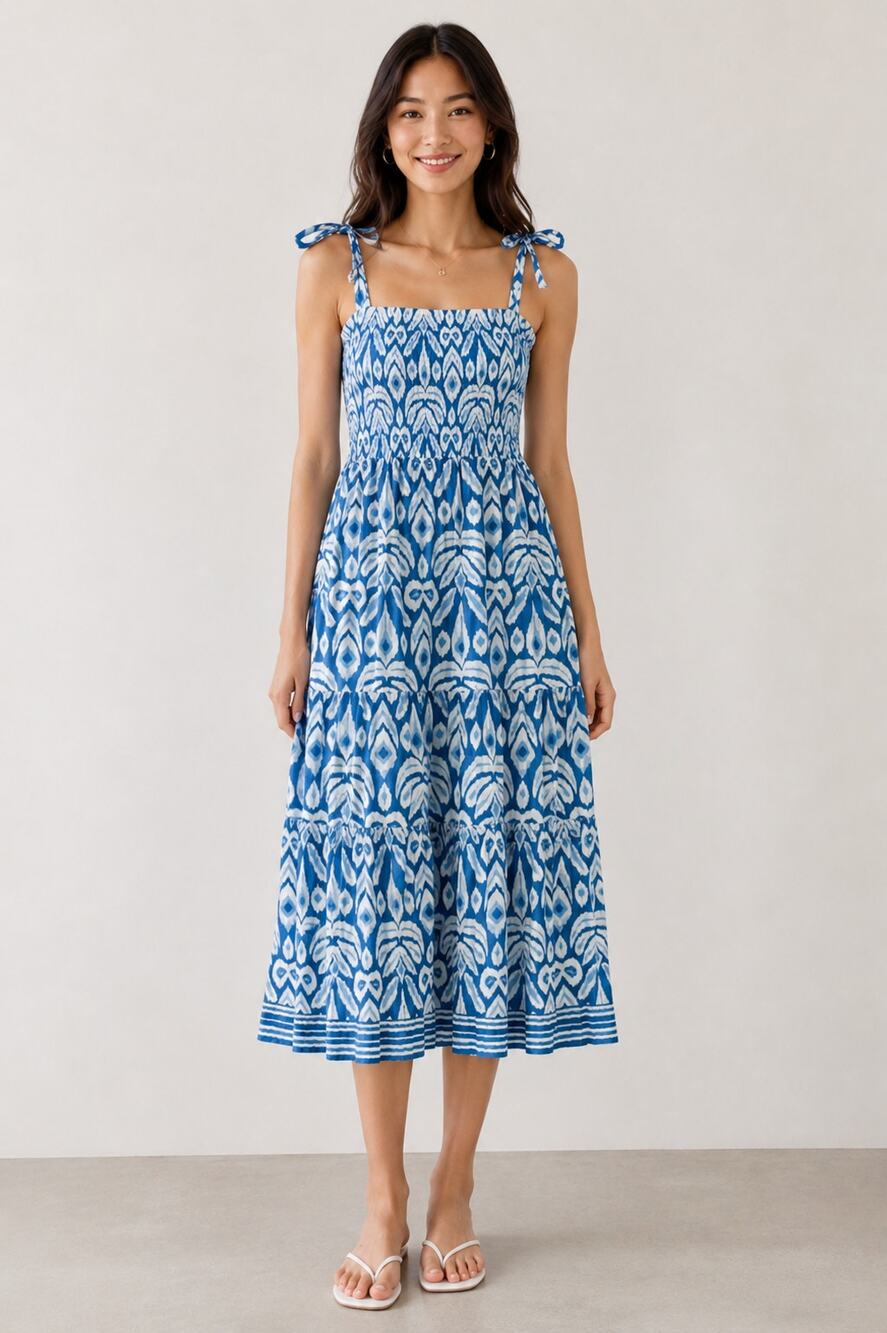 King + Pitt Smocked Tie Shoulder Ikat Midi Dress Blue Size Medium/Large